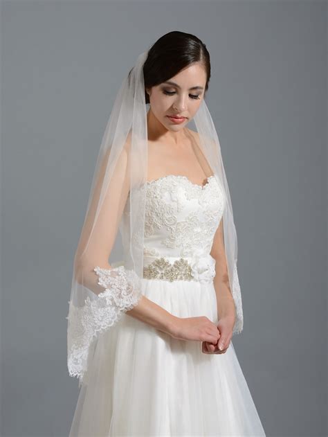 Ivory Elbow Alencon Lace Wedding Veil V038 V038
