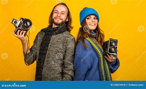 Stylish Photographer Man And Woman With Vintage Photo Camera