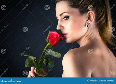 Beautiful Woman Smelling A Rose Stock Image Image Of Glamour Gray
