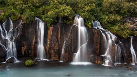 Waterfalls On Rocks Pouring On River Surrounded Green Trees Forest Hd