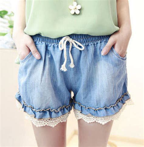 Free Shipping Summer Elastic Waist Lace Decoration Loose Culottes Casual Denim Shorts On Luulla