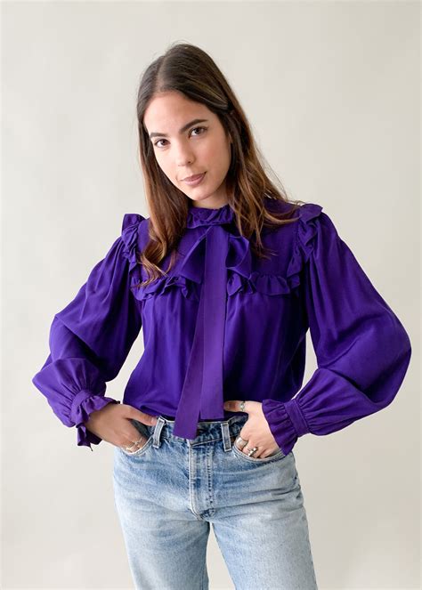Vintage 1970s Ysl Purple Silk Ruffle Blouse Raleigh Vintage