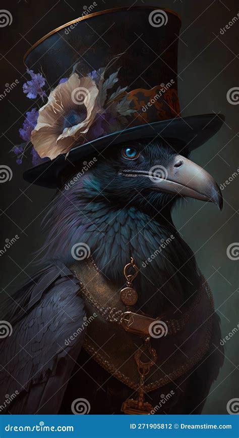 Mysterious Raven In A Top Hat And Halloween Fancy Dress In Fantasy