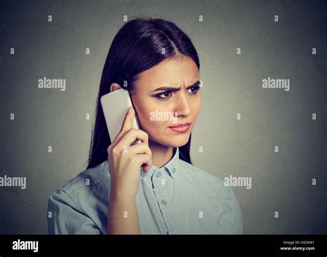 Closeup Portrait Sad Unhappy Woman Talking On Phone Isolated On Gray Background Negative