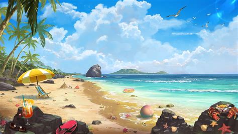 X Px K Free Download Anime Seascape Beach Clouds Summer Sand Castle Seagulls
