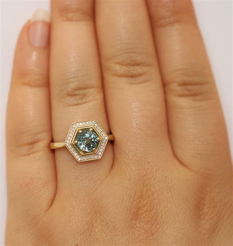 Hexagon Diamond Halo Teal Green Montana Sapphire Engagement Ring