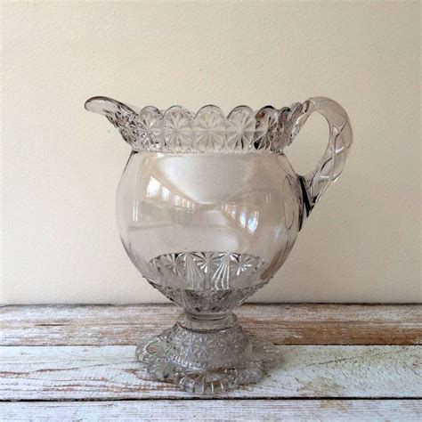 Antique Pressed Glass Pitcher Heavy Glass Water Pitcher Vase Etsy Heavy Glass Glass