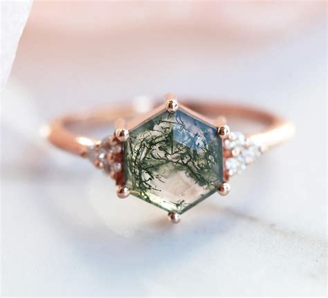 Hexagon Moss Agate & Moissanite or Diamond Ring, Unique Geometric