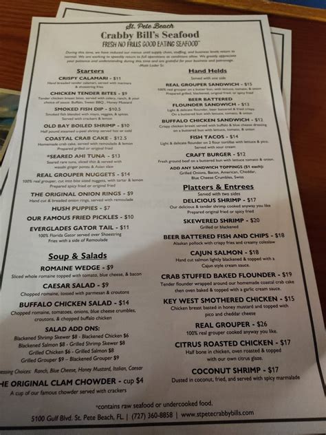 Menu at St. Pete Beach Crabby Bill's Seafood restaurant, Saint Pete