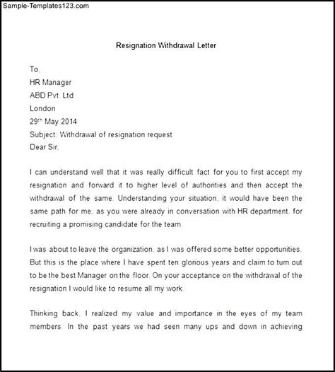 Sample Resignation Withdrawal Letter Sample Templates