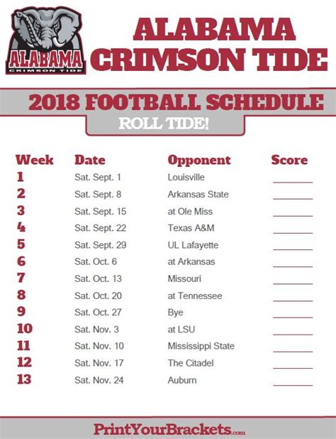 Schedule for wednesday january 27, 2021. 2018 Printable Alabama Crimson Tide Football Schedule ...