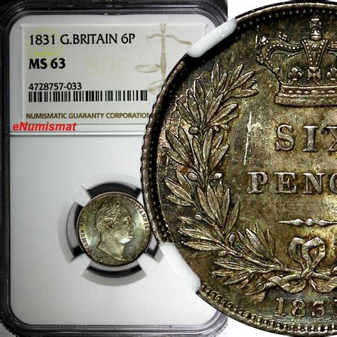 United Kingdom 6 Pence Great Britain William Iv Silver 1831 Ngc Ms63
