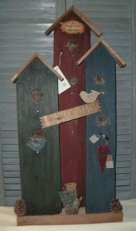 Rustic Primitive Country Barn Wood Bird House Trio Welcome Stand On