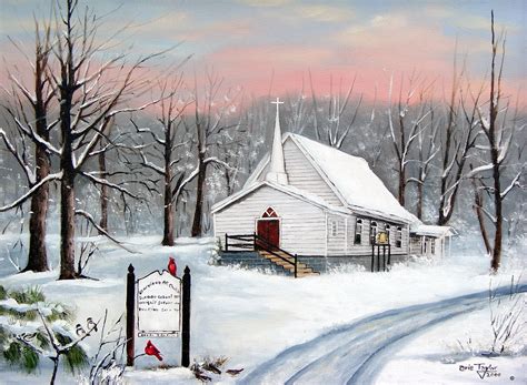 Country Winter Church Snow Scene Cardinals Snow Painting Folk Art