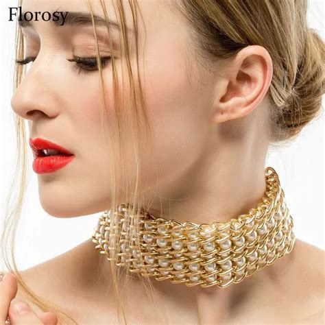 Aliexpress Com Buy Maxi Chunky Gold Chain Pearl Choker Necklace For Women New Fashion