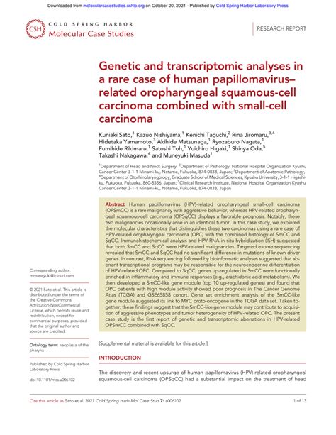 Pdf Genetic And Transcriptomic Analyses In A Rare Case Of Hpv Related