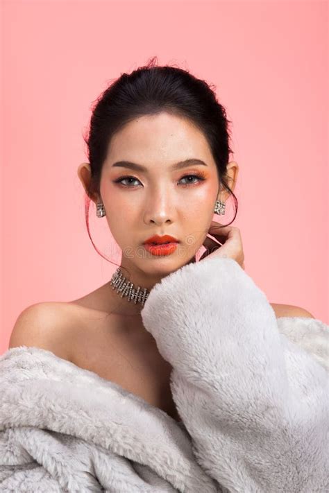 fashion asian woman thin skin black hair eyes pink stock image image of lighting future