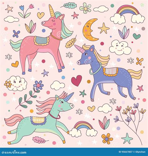 Magical Unicorn And Rainbow Set Illustration Doodle Stock Vector
