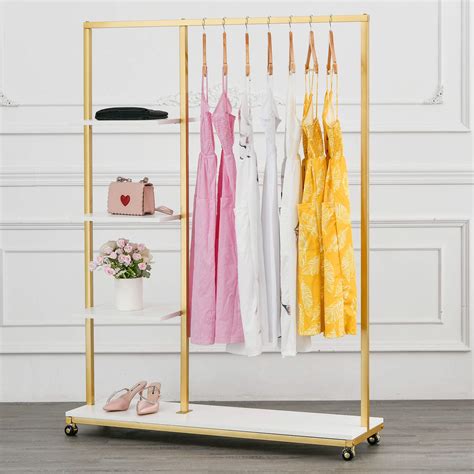 Bosuru Rolling Gold Clothing Racks On Wheels With Metal Pipes Modern