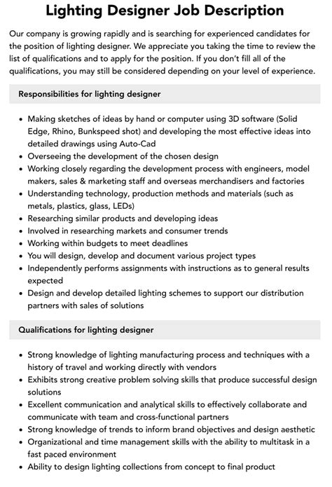 Lighting Designer Job Description Velvet Jobs