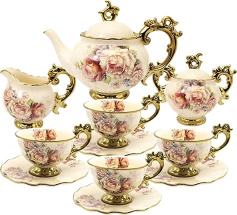 Fanquare 15 Pieces British Porcelain Tea Set Floral Vintage China Coffee Set