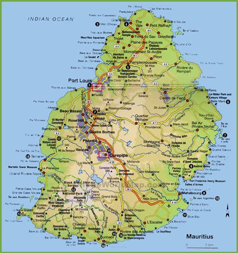 Mauritius On A Map Of Africa Detailed Road And Physic