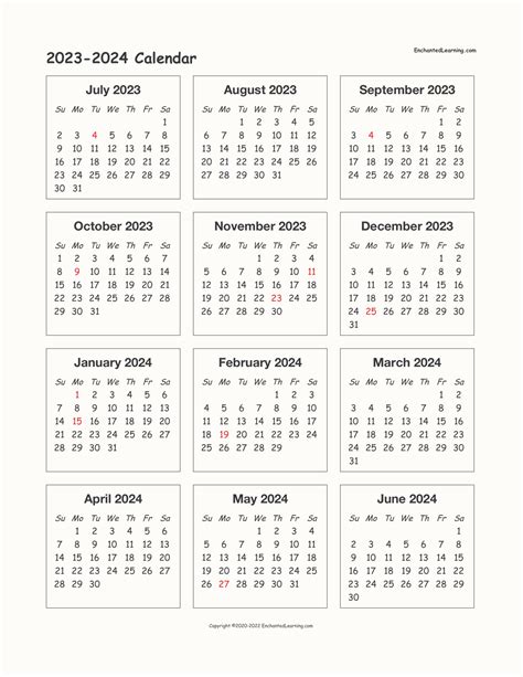 2023 2024 School Year One Page Calendar Enchanted Learning