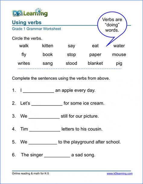 Worksheet On Verbs For Grade 1