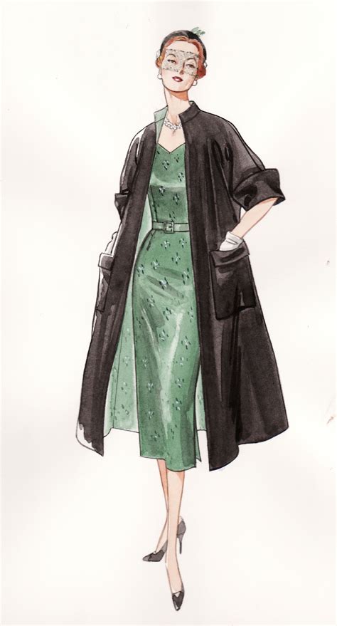 A Drawing Of A Woman In A Green Dress And Coat