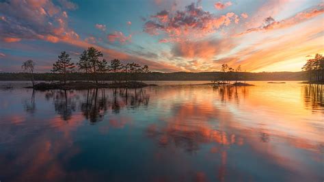 Sunset At Ringerike Norway Reflections Lake Colors Clouds Trees