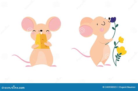 Cute Adorable Mice In Different Actions Set Funny Mouse Eating Cheese
