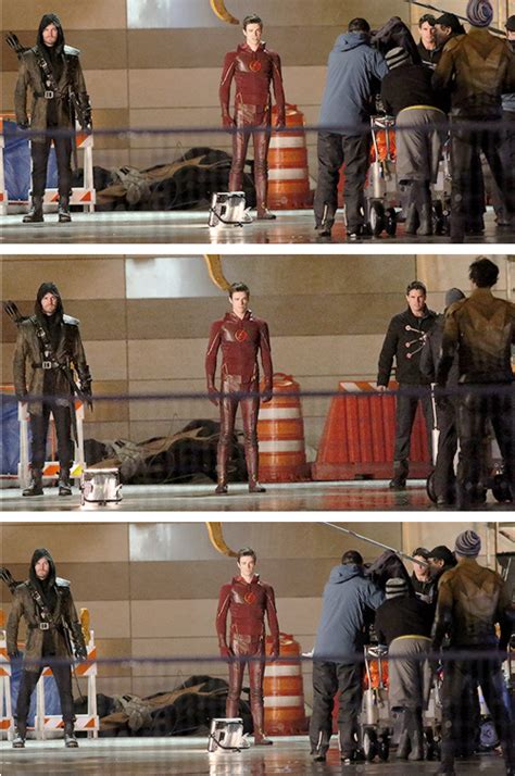 stephen amell grant gustin robbie amell and tom cavanagh shoot scenes for an upcoming episode