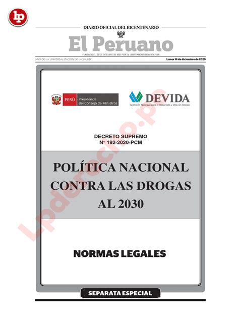 Decreto Supremo 192 2020 Pcm Politica Nacional Contra Las Drogas 2030 Lp Pdf La Dependencia
