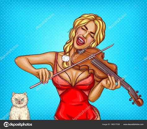 Vector Pop Art Blonde Girl In Red Lingerie Playing Violin Singing Song