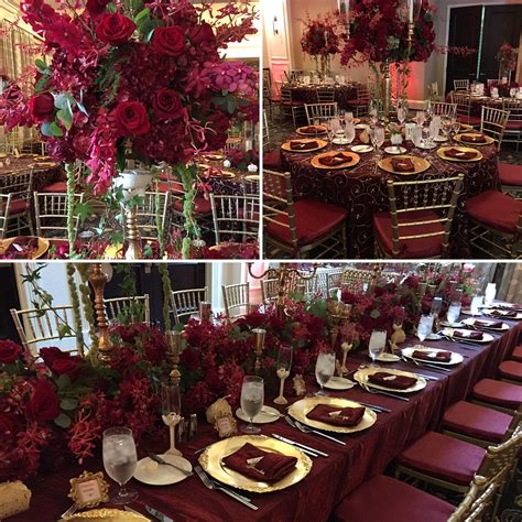 Burgundy floral decor for a Phantom theme bridal or quince event
