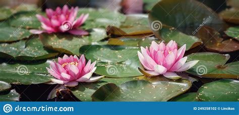 Beautiful Blooming Red Water Lily Lotus Flower With Green Leaves In The