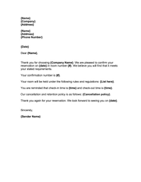 reservation confirmation letter template