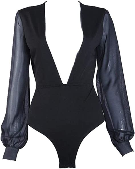 Haidean Bodysuit Women Clubwear Deep V Neck Long Sleeve Modern Casual