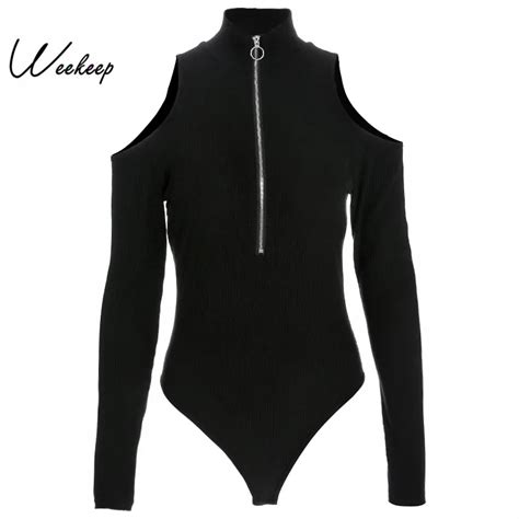 Weekeep Women Black Off Shoulder Bodysuit Autumn Zipper Turtleneck Long Sleeve Bodysuits Bodycon