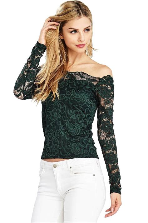 Cropped Long Sleeve Lace Top With Scalloped Off The Shoulder Neckline Fully Lined Body With