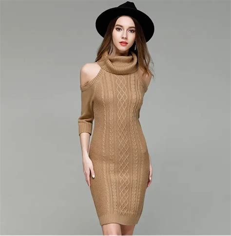 Buy Women Open Shoulder Turtleneck Sweater Dress Fashion 3 4 Sleeve Elegant