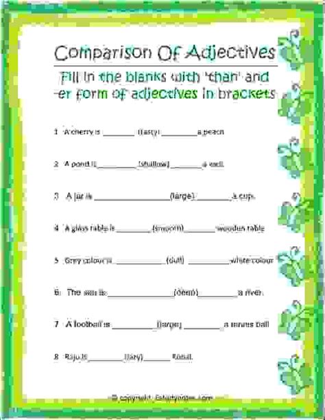 Some of the worksheets displayed are identifying verbs work, grammar practice book, grade 2 articles work, with grammar, grammar practice workbook, english activity book class 5 6, ab2 gp pe tp cpy 193601, w o r k s h e. Comparison of Adjectives Worksheet 2 - EStudyNotes
