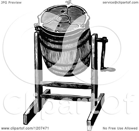 Clipart Of A Vintage Black And White Barrel Butter Churn Royalty Free