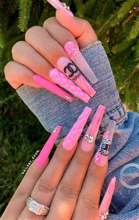 Matte Pink Coffin Nails With Glitter Grandongpng