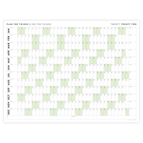 Horizontal 2022 Wall Calendar With Green Weekends Plan The Things