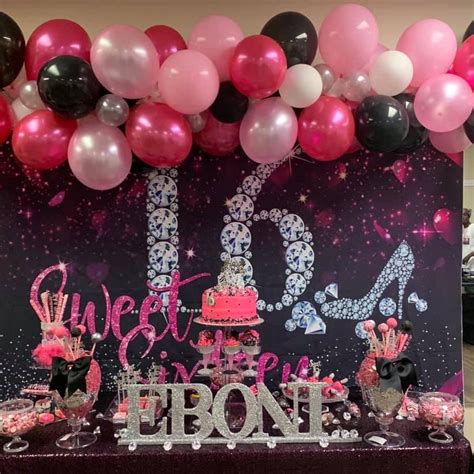 Sweet Sixteen Backdrop Girls 16th Birthday Diamond Pink Heart Ribbon