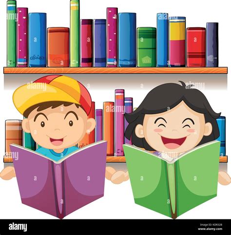 Boy And Girl Reading Book In Library Illustration Stock Vector Image