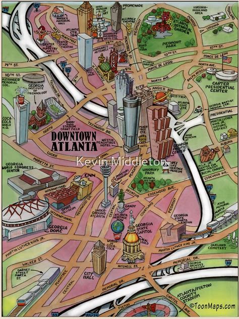 Downtown Atlanta Georgia Cartoon Map T Shirt By Kevinmiddleton