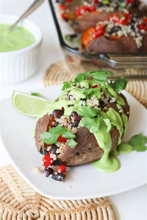 When the sweet potatoes are ready and still warm, gently press the center with a spoon to create an indentation. Quinoa Stuffed Sweet Potato with Cilantro Lime Sauce ...