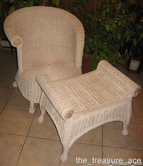Presenting a medium dark finish and herringbone woven arms., the chair has an arched crest rail and stylized woven backing. ~PIER ONE~Shabby Chic~White Wicker SET Chair Ottoman ...